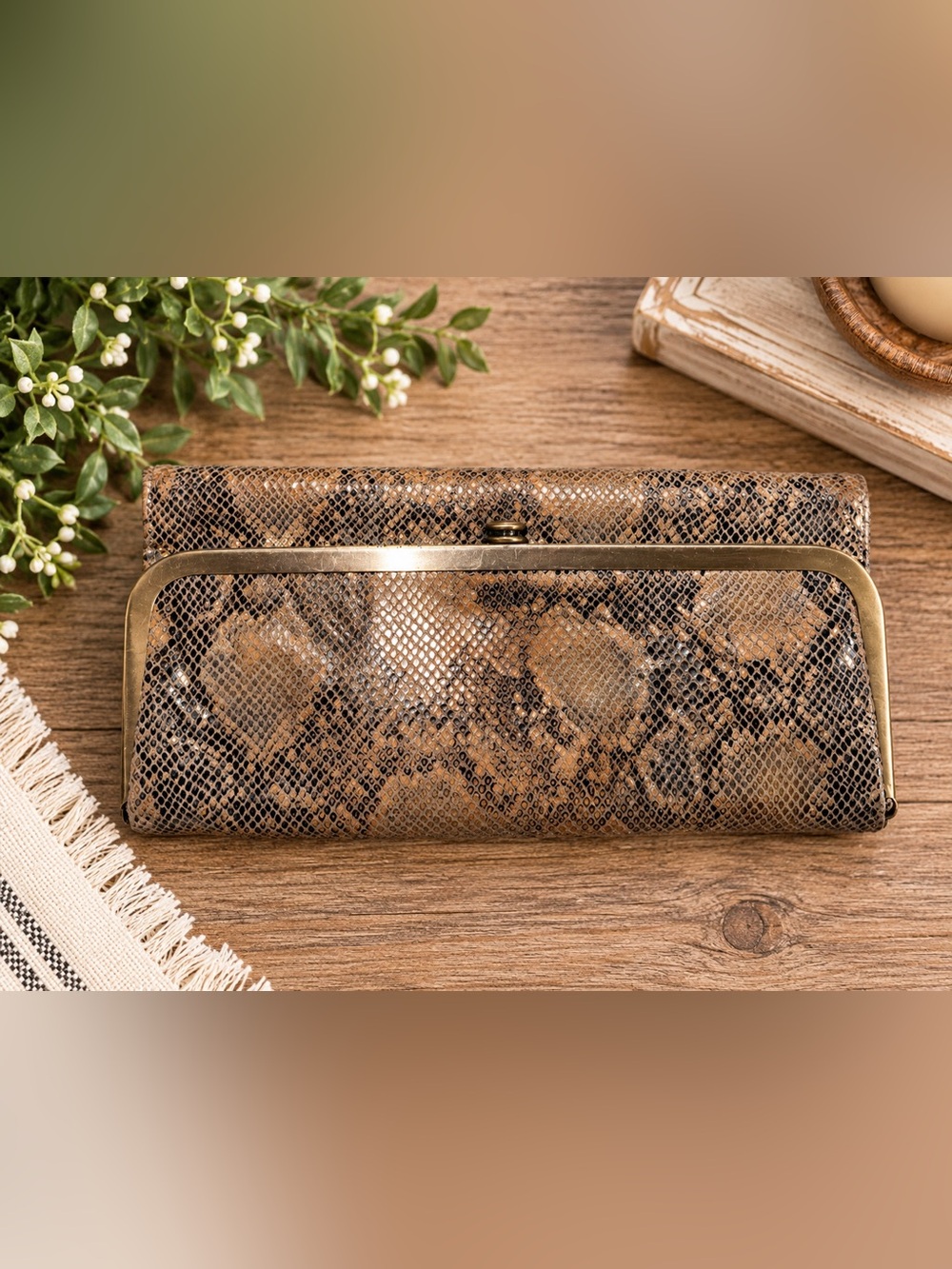 HOBO International Snakeskin Print Double Frame Clutch Wallet Bronze Taupe